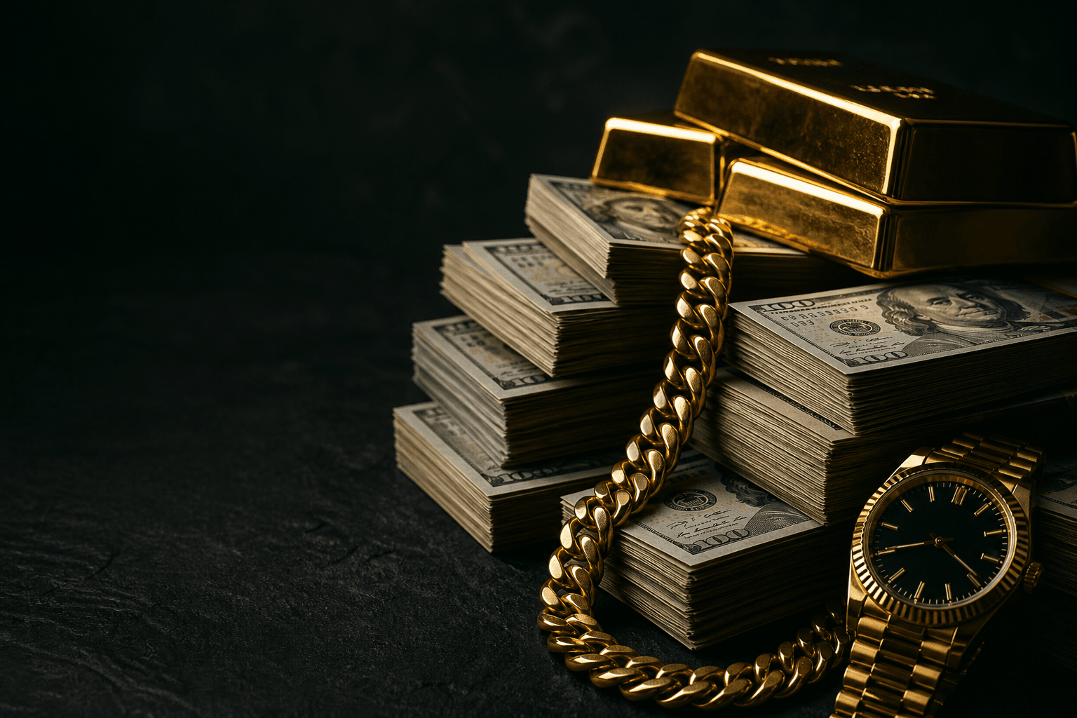 Stacks of cash with gold bars, a gold chain and a luxury watch at Roma Jewelry.