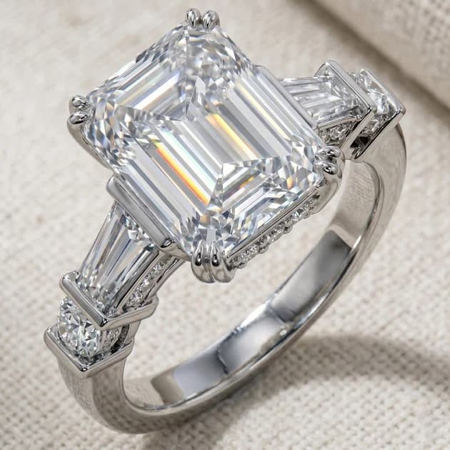 Emerald-cut diamond engagement ring with baguette side stones.